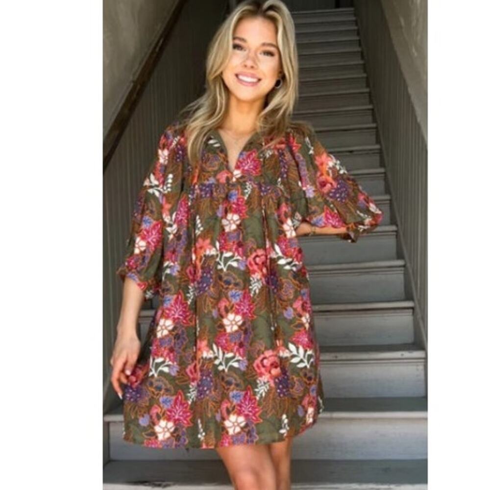 J MARIE Hayes Puff Sleeve Floral Mini Dress X Small Olive Green Babydoll Shift